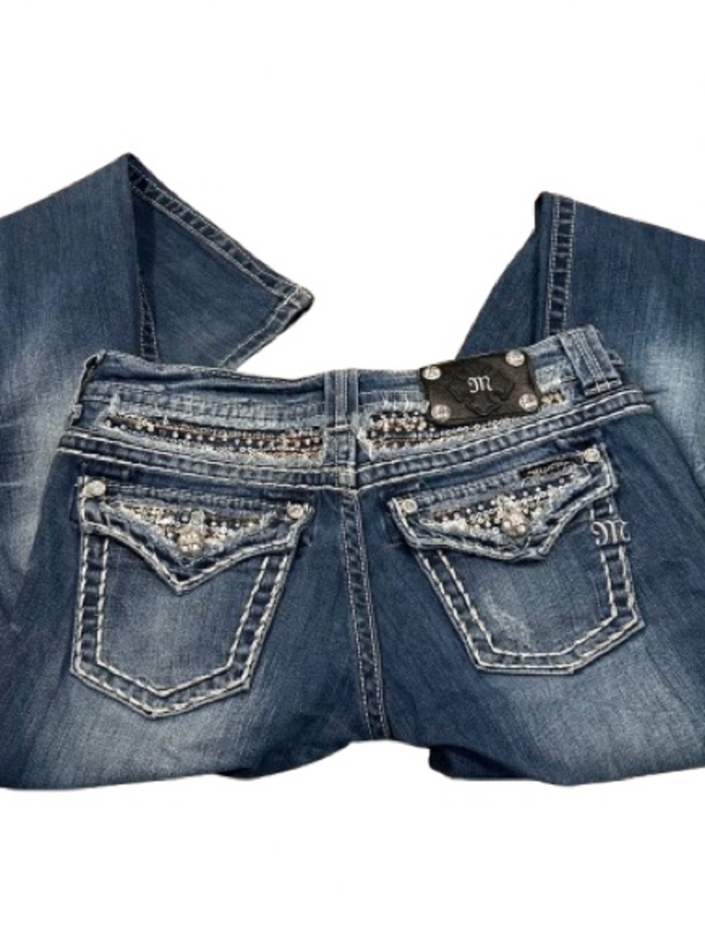 Miss Me Y2K Bling Bootcut Jeans Rhinestone Pocket Buckle Era Thick Stitch Sz 27